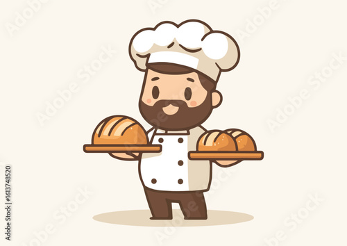 Cute cartoon baker holding freshly baked bread vector illustration perfect for bakery logos menus and culinary branding materials