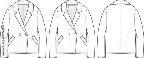 Women's tailored blazer front and back flat sketch, technical CAD fashion drawing, vector clothing illustration for apparel design template