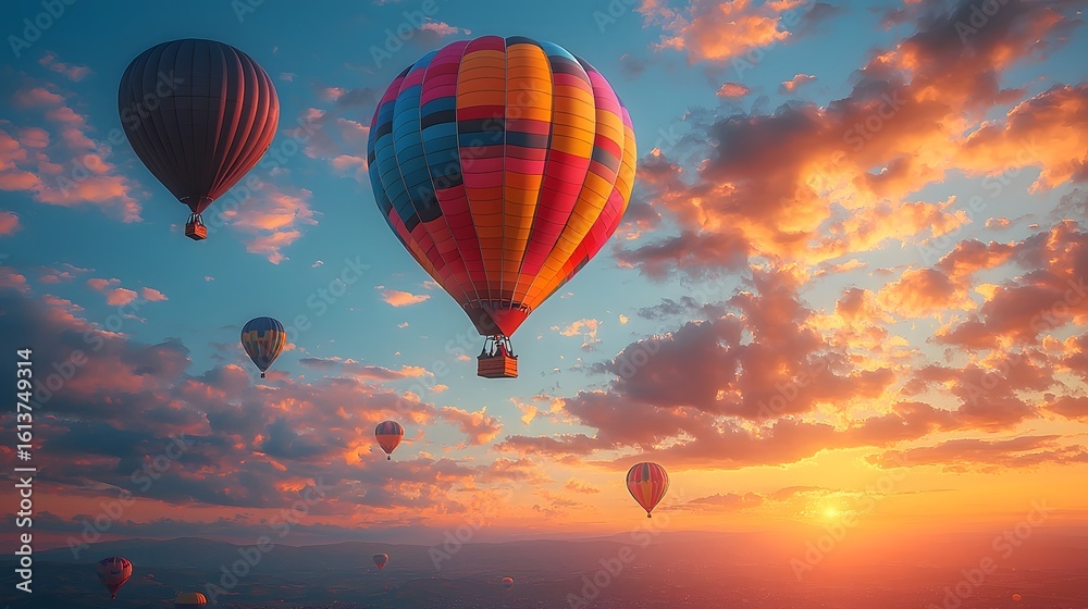 Fototapeta premium Colorful hot air balloons rising at a vibrant sunrise
