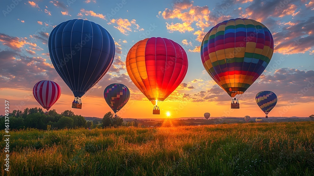 Obraz premium Colorful hot air balloons soaring at sunrise over a tranquil landscape