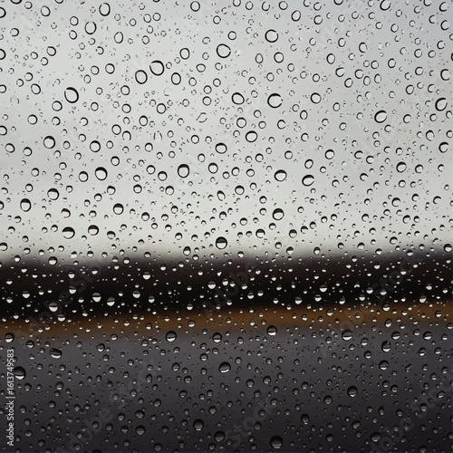 Close-up view of raindrops on a window, obscuring the road ahead.