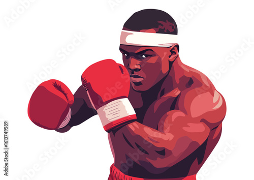 Professional Boxer throwing a punch with red gloves and a white headband vector illustration isolated on white background ideal for sports fitness and boxing