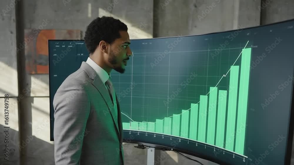Man in a suit stands in front of a large monitor displaying graphs
