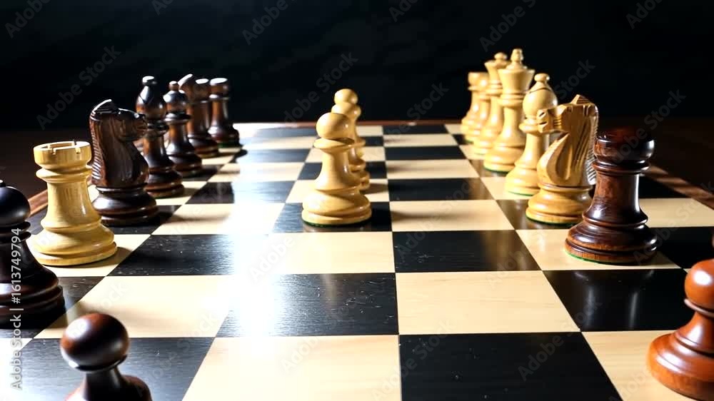 Chess game strategy: Close-up of chessboard with pieces ready for action and tactical plan