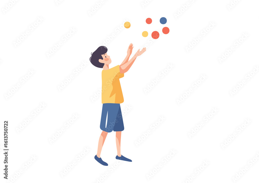 Young boy juggling colorful balls isolated on white background vector illustration for learning development activity kids play childhood concept design web Young boy juggling colorful balls isolated on white background vector illustration for learning development activity kids play childhood concept design web