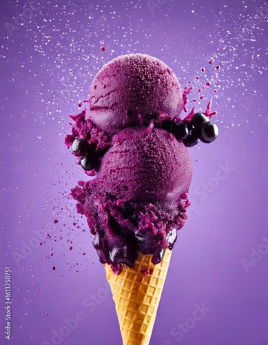 Blackcurrant ice cream thrown hard against creamy pastel background