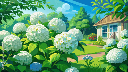 Vibrant White Hydrangea Blooms in a Sunny Summer Yard with Lush Greenery and an Inviting Atmosphere Perfect for Outdoor Serenity