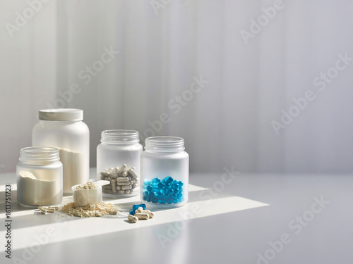 Minimalist arrangement of frosted jars with blue capsules, white pills and protein powder on white surface in morning light