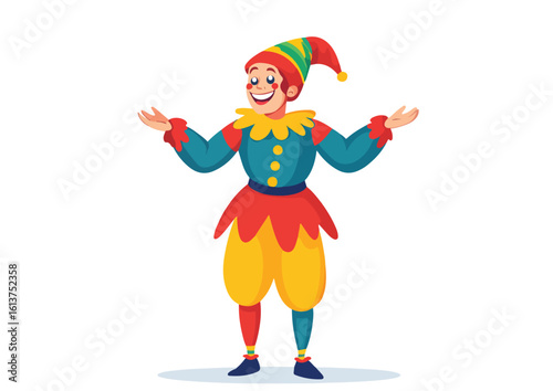 Happy smiling jester in colorful costume vector illustration isolated on white background medieval character concept for April fools day circus show theater