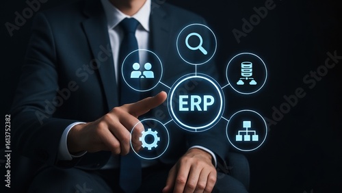 A professional pointing toward a digital interface with icons for collaboration and data management, Enterprise Resource Planning System, erp
