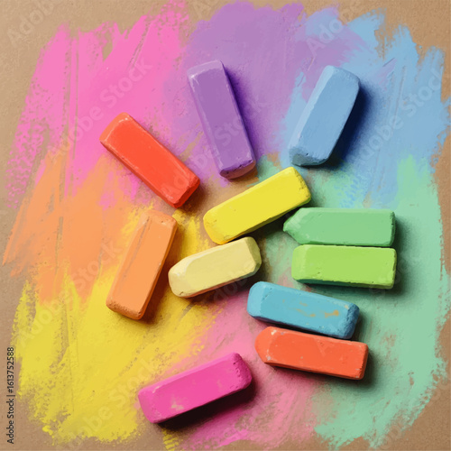 Colorful chalk sticks scattered on a pastel-colored chalk background.