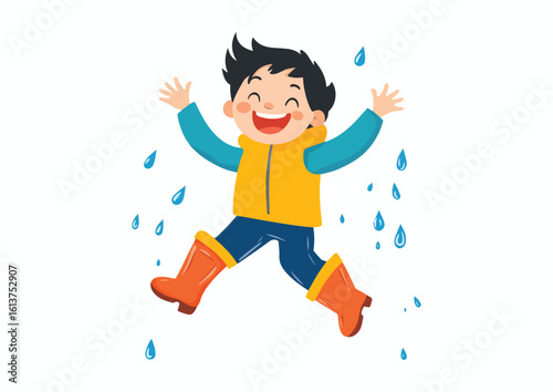 Happy child jumping and playing in the rain wearing raincoat and boots vector illustration isolated on white background concept for print web design banner