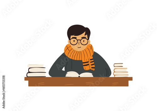 Young man reading book at desk with stacks of books vector illustration isolated on white background concept for education library bookstore reading hobby