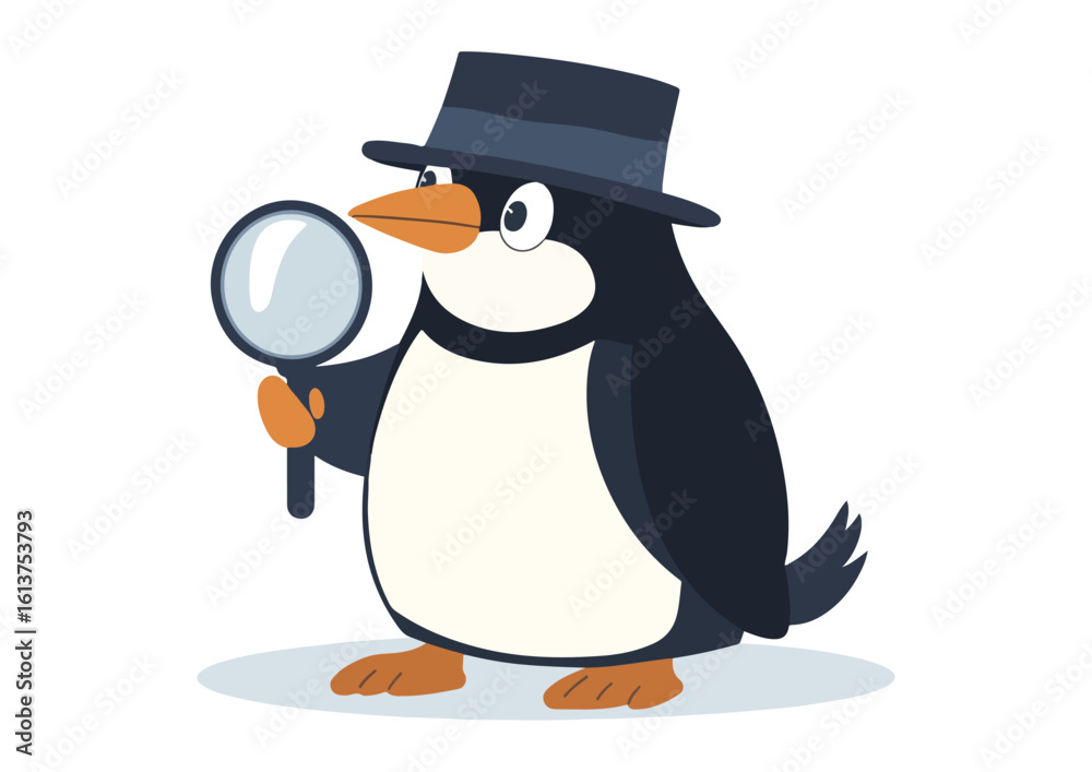 Obraz premium Penguin Detective with Magnifying Glass Vector Illustration Isolated on White Background Perfect for Childrens Books Greeting Cards Invitations and Other