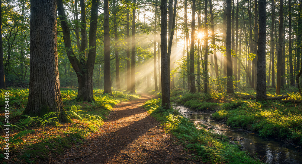 Obraz premium Sunlight filters through trees in a tranquil forest pathway by a stream surrounded by ferns during the morning