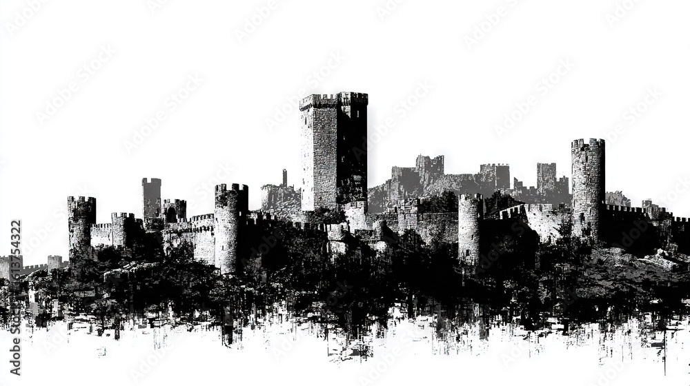 Obraz premium A monochromatic image of an urban landscape featuring a towering clock in the center and lush greenery framing the composition