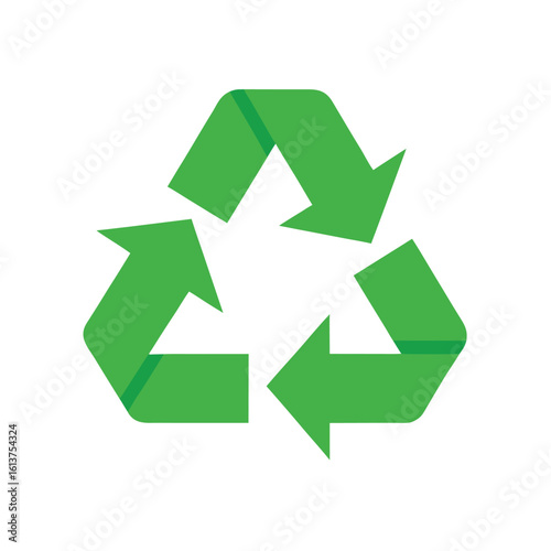 Simple green recycling symbol on white background illustrating environmental conservation