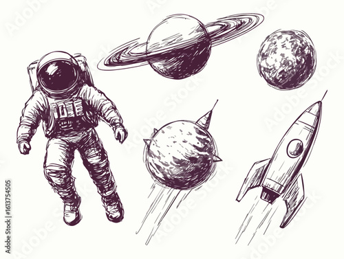 Hand Drawn Astronaut, Planets, and Rocket in Space Vector Illustration Set for Science Fiction Projects