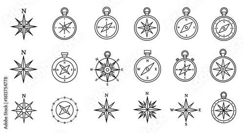 Various compass designs in a grid layout featuring line art styles and navigational elements shown