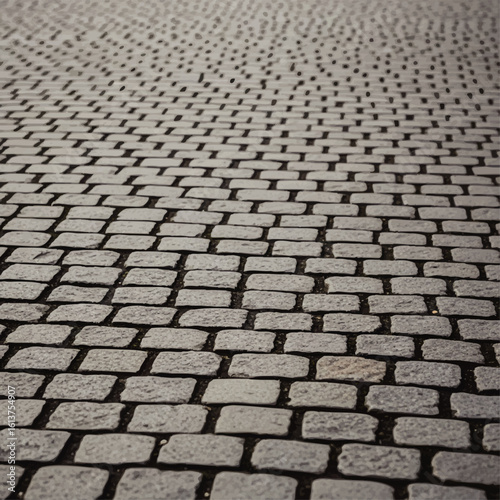 Close-up view of a cobblestone surface, showing texture and pattern.