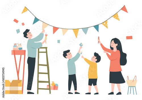 Happy family decorating home for party parents and children prepare for holiday celebration dad on ladder hangs flags mom and kids decorate room vector