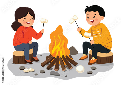 Happy kids roasting marshmallows over campfire vector illustration isolated on white background concept for print web design banner poster sticker card and
