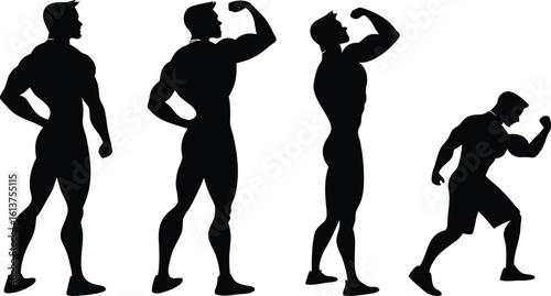 Silhouetted bodybuilders posing in various dynamic stances to showcase muscular physique and strength
