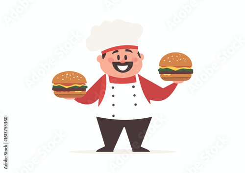Happy chef holding two delicious burgers vector illustration isolated on white background perfect for restaurant menu cafe logo food blog social media posts and