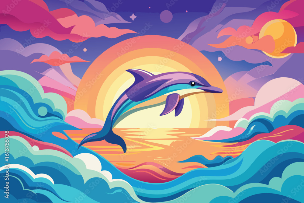 Fototapeta premium Cartoon Dolphin Leaping from the Ocean at Sunset with Colorful Sky