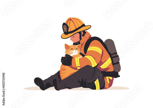 Firefighter Rescuing Cat from Burning Building Brave Fireman Holding Safe Kitten Animal Rescue Concept Vector Illustration Isolated on White Background
