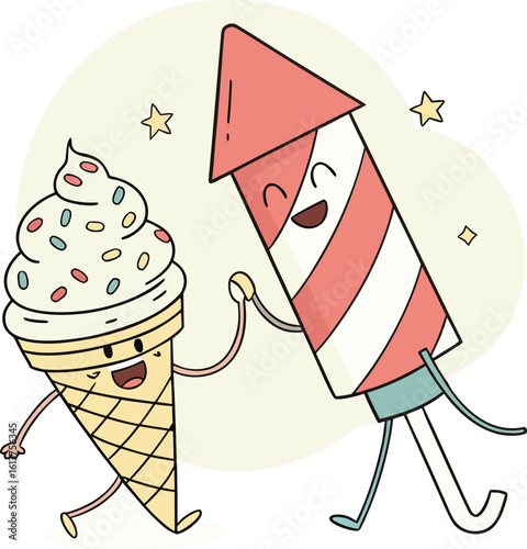 A delightful and humorous cartoon ice cream cone illustration, perfect for summer dessert designs
