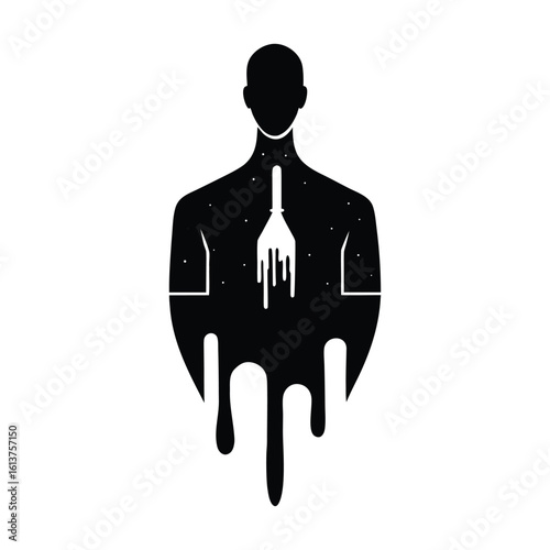 Abstract Silhouette Art Melted Human Figure Space Rocket Design on White Background