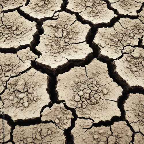 Dried, cracked earth, revealing intricate patterns of desiccation.