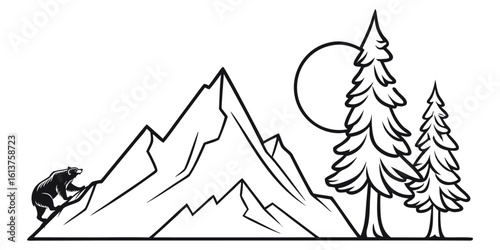 Black bear climbing rocky mountain with pine trees and sun graphic peak