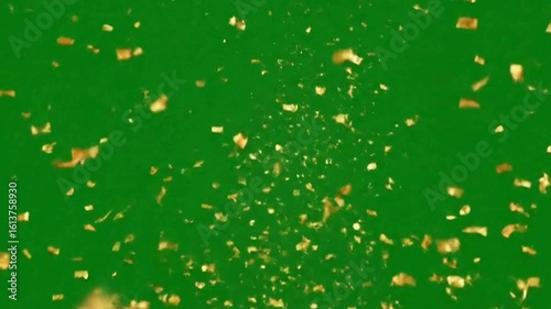 Sparkling gold confetti explode, burst on green screen	
