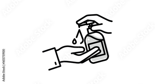 Hand Sanitizer Dispensing: An illustrative image showing a hand dispensing hand sanitizer into another hand, with a focus on health, hygiene, and protection.