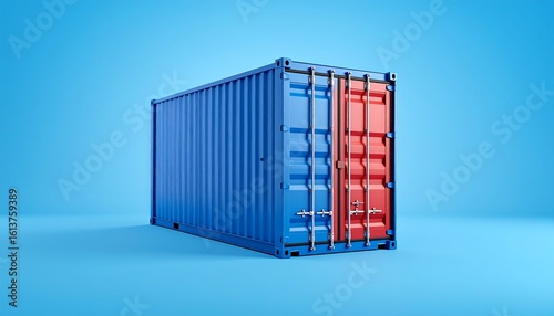 Blue and red shipping container on a blue studio background