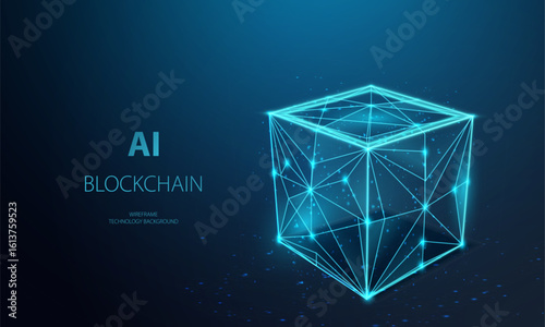 Blockchain ai wireframe concept. Blockchain connected cube block banner. Big data Ai box chain technology background. Data transmission crypto operations vector.