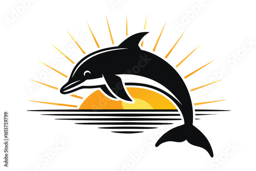 Stylized Dolphin Jumping Over Ocean Waves at Sunset Vector Illustration