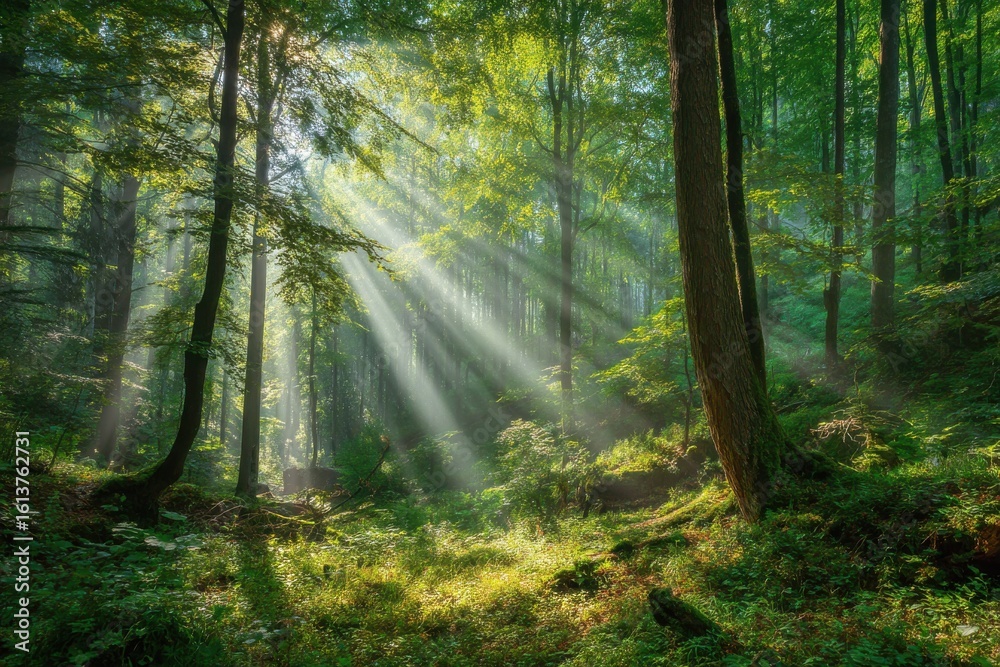Fototapeta premium Serene forest setting bathed in sunlight showcasing peaceful greenery and natural beauty for nature enthusiasts and landscape lovers