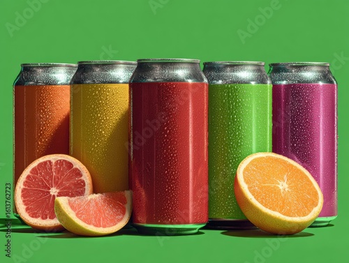 Vibrant Beverage Cans with Citrus Slices on Green Background