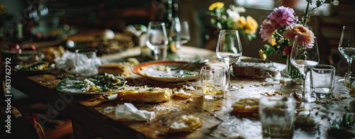 Messy after-dinner table with dishes, flowers, and food scraps