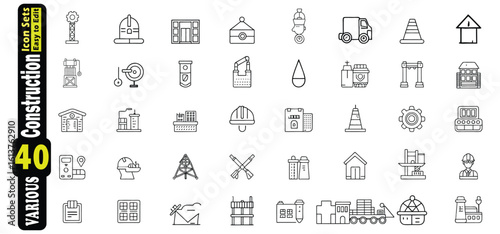 Collection of 40 construction and industrial line art icons industry building
