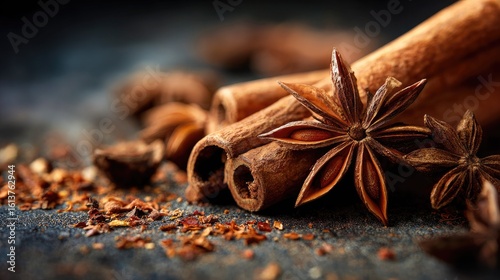 Close-up of cinnamon sticks and anise stars
