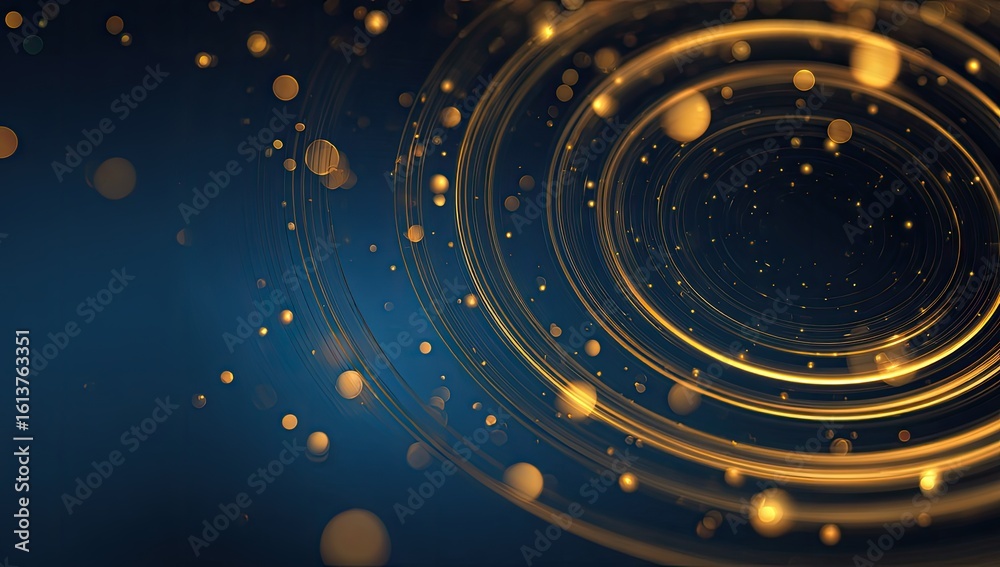 Obraz premium Golden concentric circles on dark blue background with glittering particles