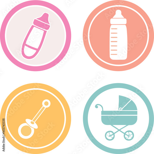 Four baby care icons in pastel circles pink peach yellow teal baby bottle pacifier