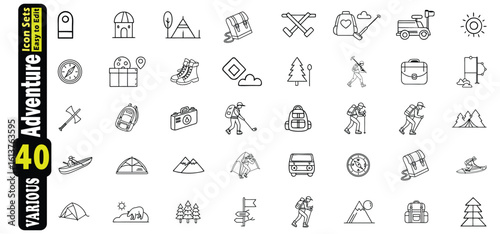 Collection of Outline Icons Representing Outdoor Adventure Activities and Gear hiking camping