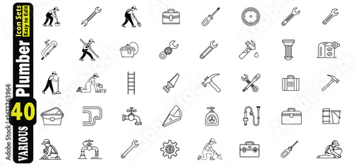 Plumber icon set with tools workers and equipment on white background wrench