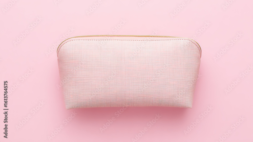Obraz premium An elegant pink cosmetic bag placed on a soft gradient background, embodying simplicity and style. 