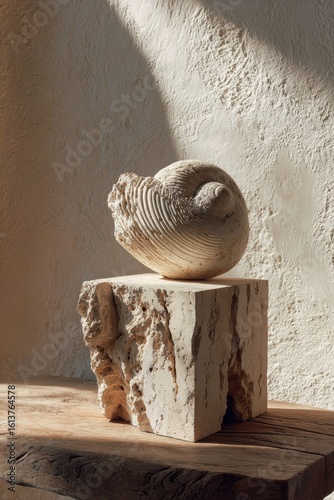 Rustic sculpture display with natural texture in sunlit setting